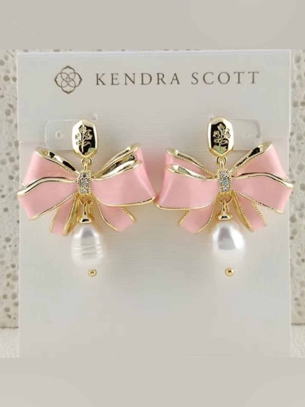 Kendra Scott Pink Bow Drop Earrings with Pearl and Gold Accents